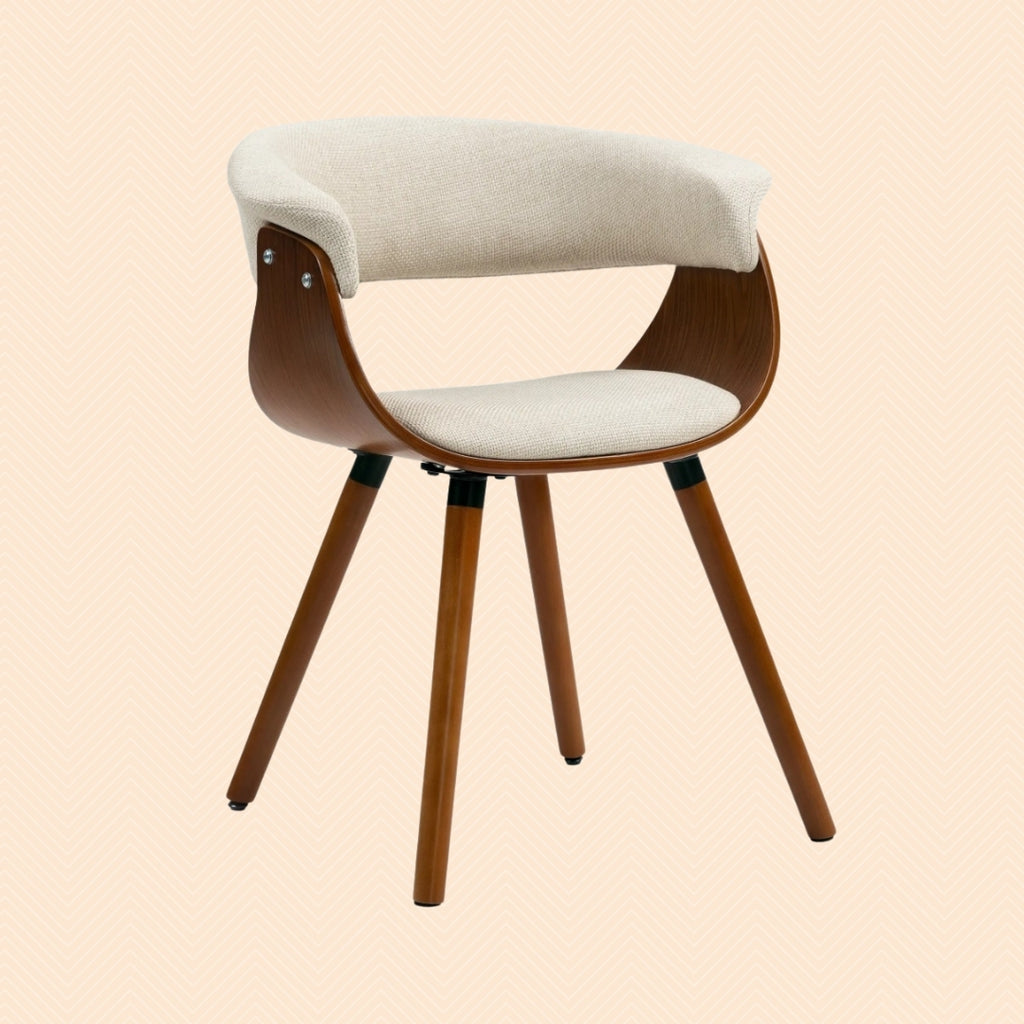Einzelner Esszimmerstuhl im Mid-Century Design, Beige Leinen-Optik mit brauner, gebogener Holzschale und Holzbeinen