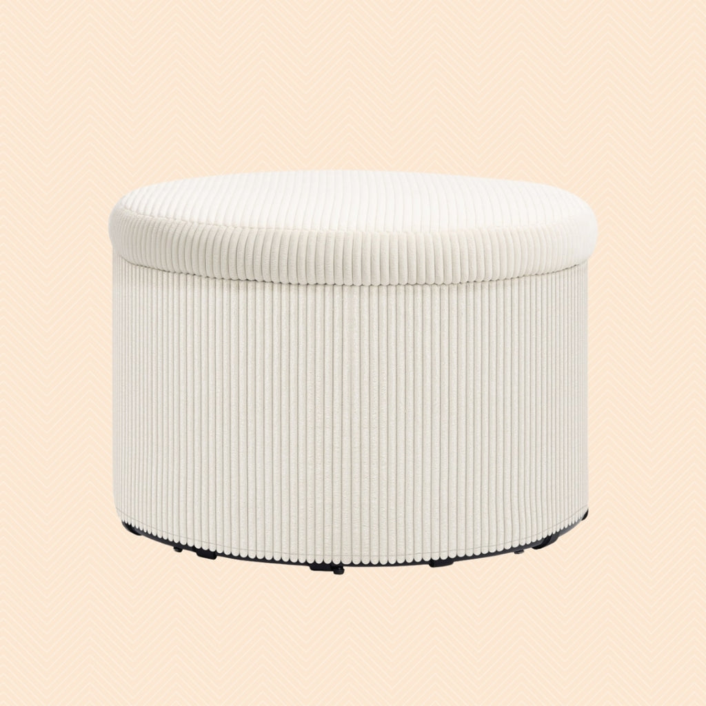 Großer Fußhocker Beige Cordstoff – Runder Sitzhocker mit 97 L Stauraum