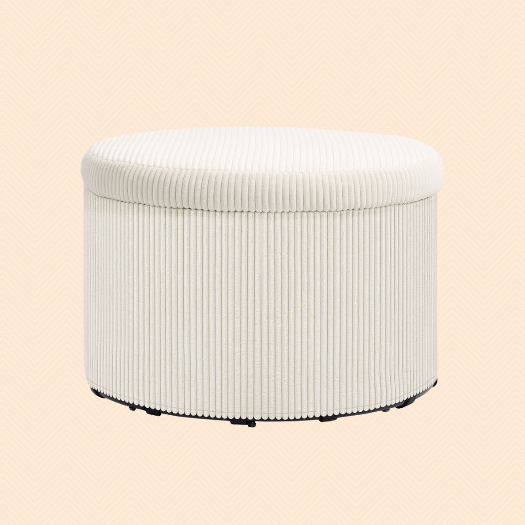 Großer Fußhocker Beige Cordstoff – Runder Sitzhocker mit 97 L Stauraum