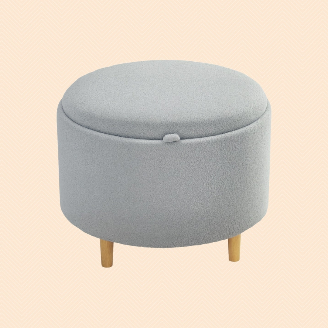 Hocker Grau (56x56 cm) mit Stauraum – Teddyfleece Ottomane mit umkehrbarem Tablett-Deckel