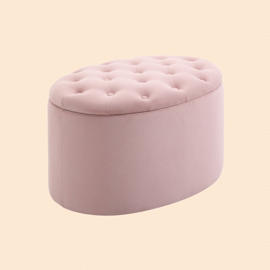 Ovale Sitzbank Rosa mit Stauraum (71 cm) – Samtoptik Truhenbank mit Knopfleiste