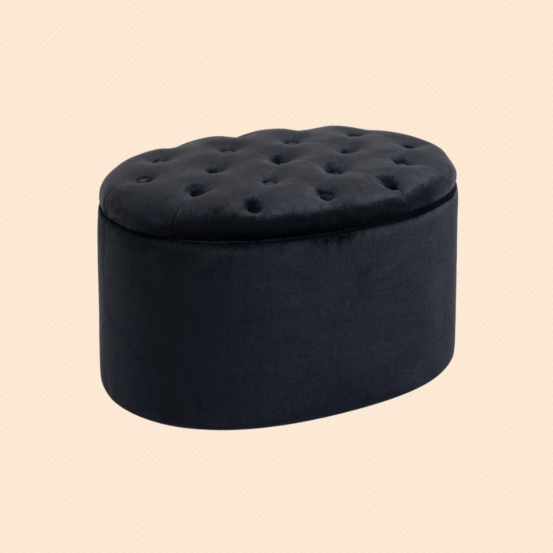 Ovale Sitzbank Schwarz mit Stauraum (71 cm) – Samtoptik Truhenbank mit Knopfleiste