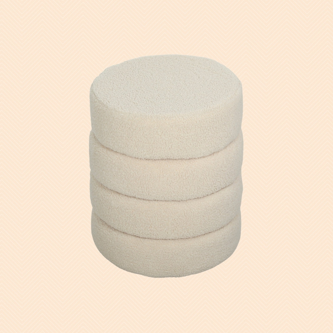 Runder Hocker Beige (Ø40 cm) – Teddyfleece Ottomane mit Holzbeinen und 120 kg Belastbarkeit