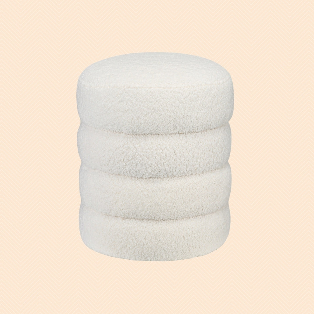 Runder Hocker Cremeweiß (Ø40 cm) – Teddyfleece Ottomane mit Holzbeinen und 120 kg Belastbarkeit