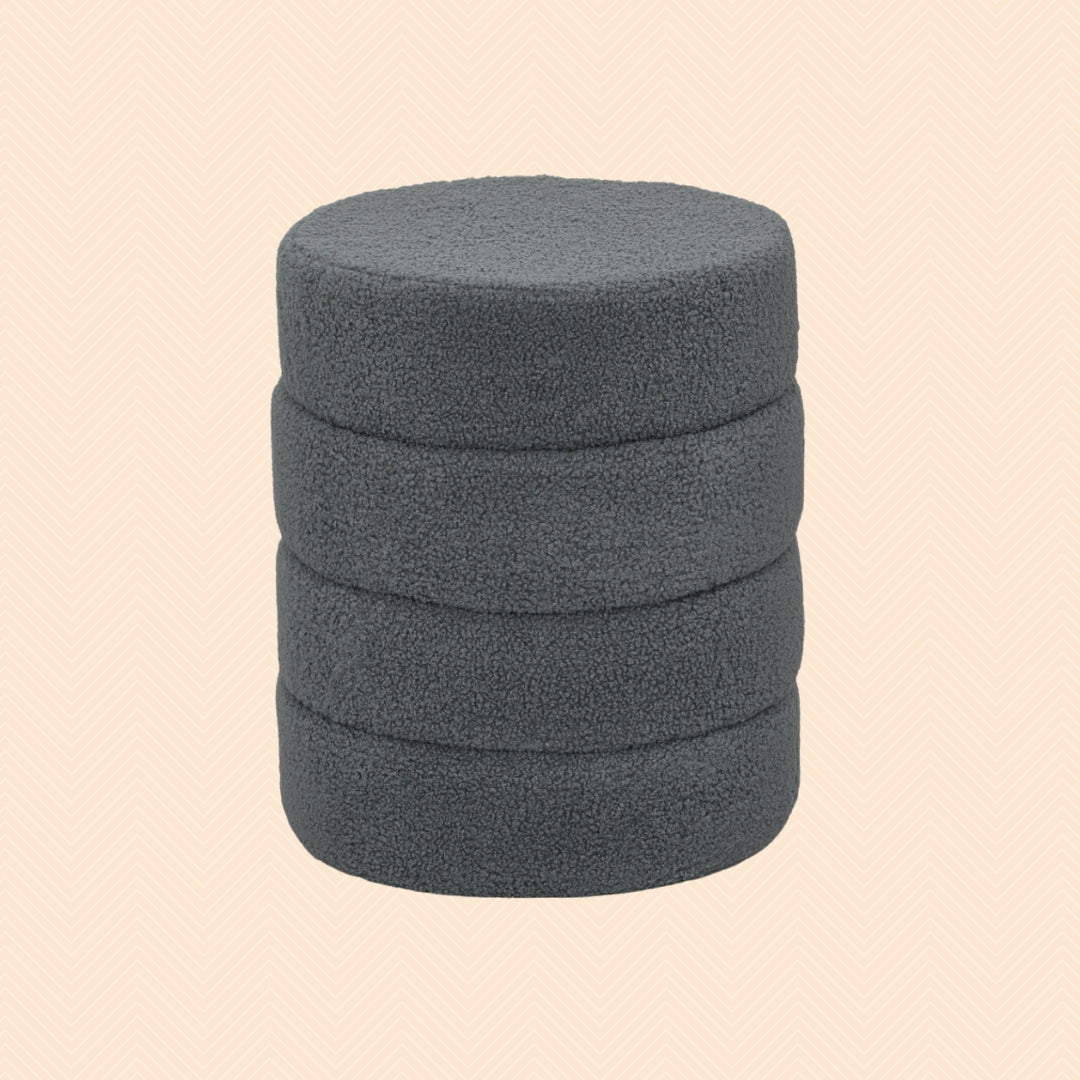 Runder Hocker Dunkelgrau (Ø40 cm) – Teddyfleece Ottomane mit Holzbeinen und 120 kg Belastbarkeit