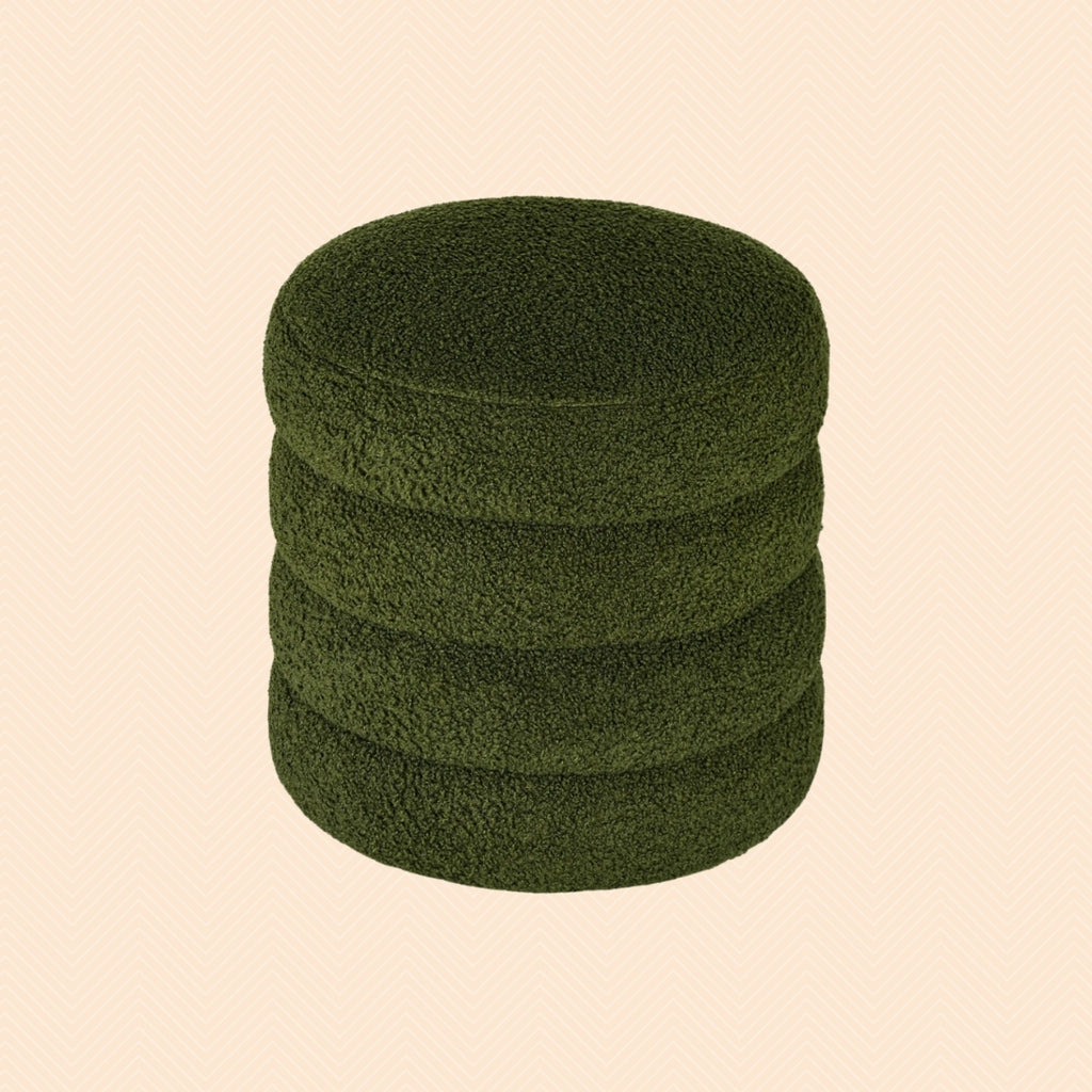 Runder Hocker Grün (Ø40 cm) – Teddyfleece Ottomane mit Holzbeinen und 120 kg Belastbarkeit