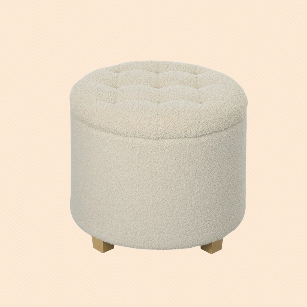 Runder Sitzhocker Cremeweiß mit Stauraum – Knopfgetuftete Ottomane (40,5 L) mit Kiefernholzbeinen