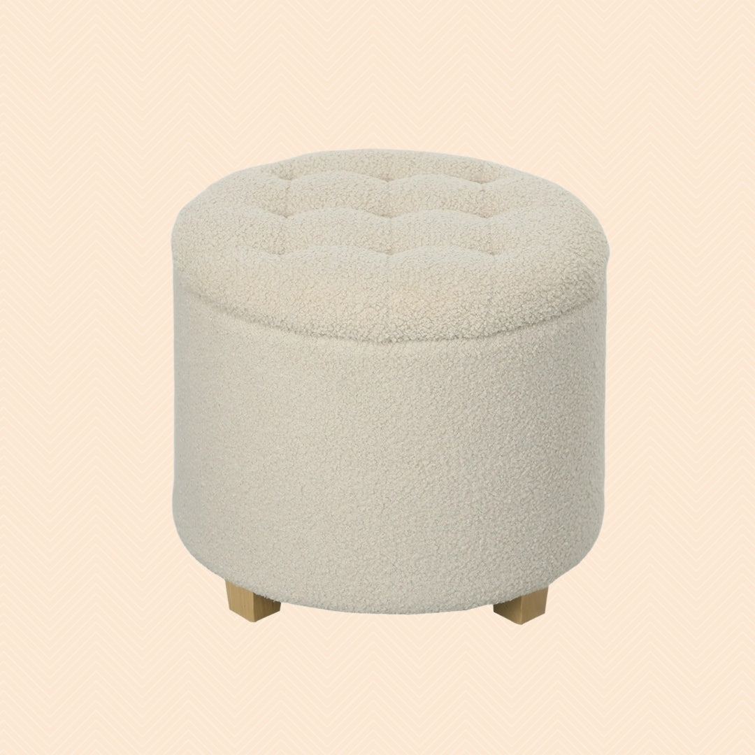 Runder Sitzhocker Cremeweiß mit Stauraum – Knopfgetuftete Ottomane (40,5 L) mit Kiefernholzbeinen