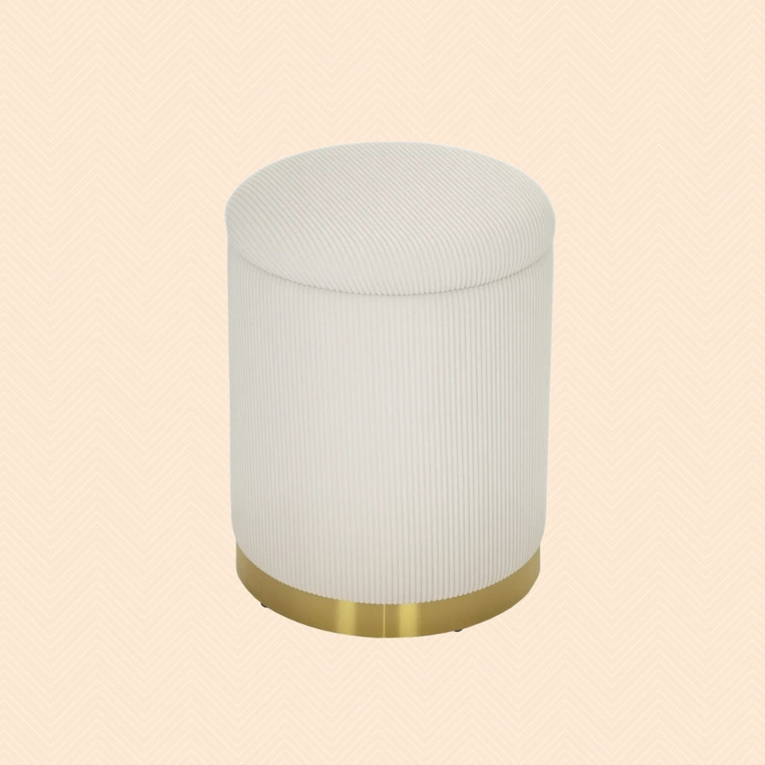 Runder Sitzhocker Cremeweiß mit Stauraum (30,6 L) – Cordstoff Ottomane mit Stahlboden (Ø36 cm)