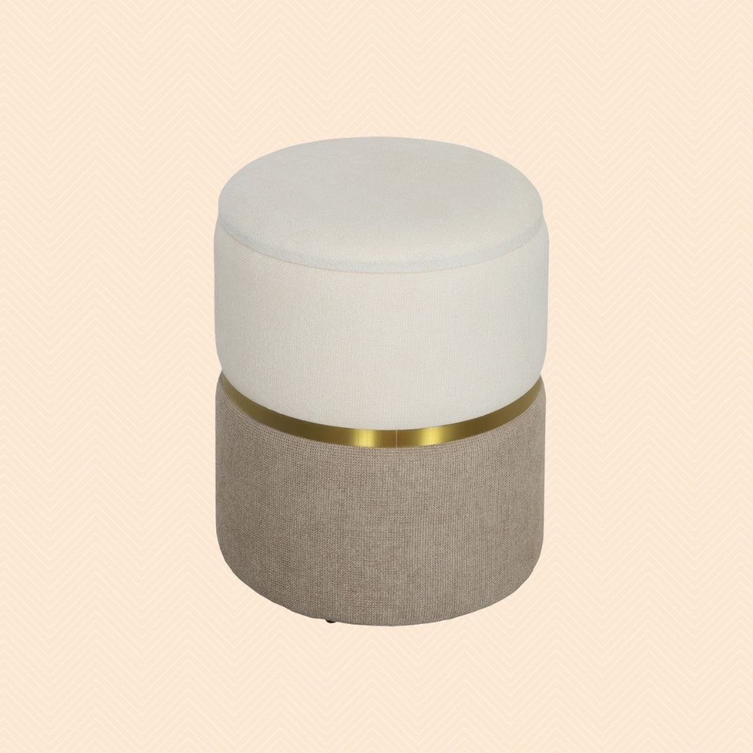 Sitzhocker Cremeweiß mit Stauraum (30,6 L) – Zweifarbige Chenille-Ottomane mit Metallring