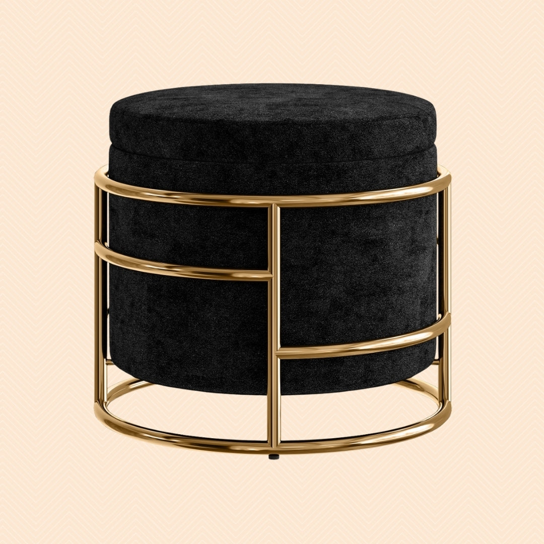 Sitzhocker Schwarz Samtoptik – Runder Aufbewahrungshocker mit Goldfarbenem Metallrahmen