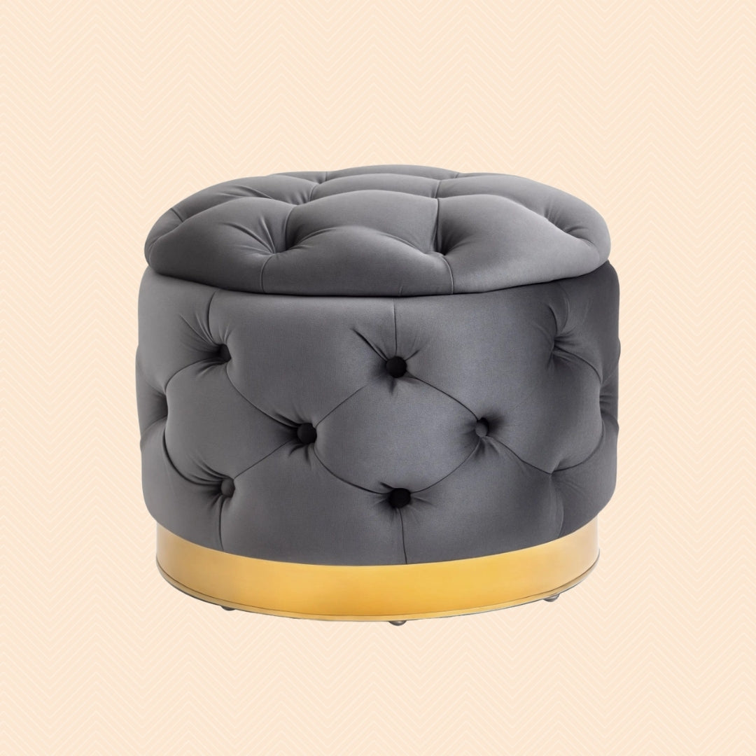 Vintage Hocker Kohlegrau (55x55 cm) mit Stauraum – Samt-Optik Ottomane mit Knopfheftung und Metallbasis